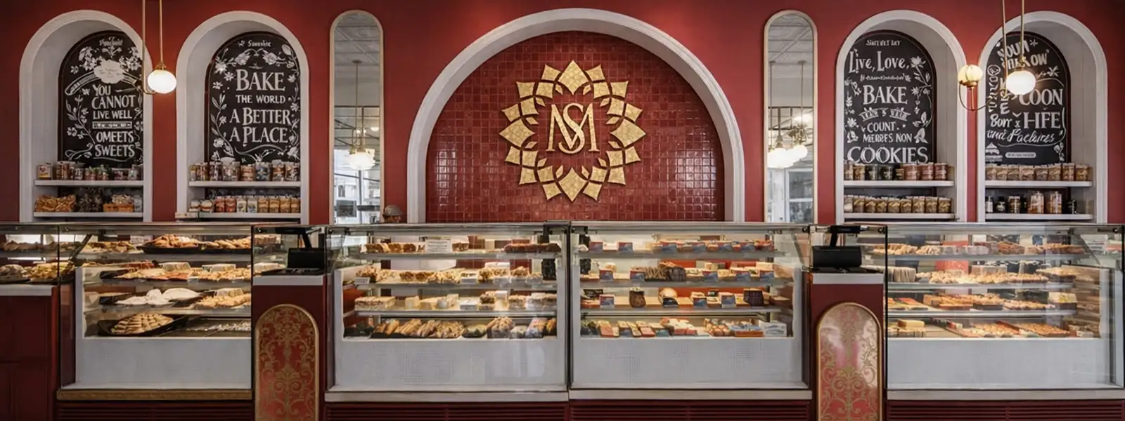 Inside a Manoj Sweets outlet, with the gold Manoj Sweets emblem above the sweets counter