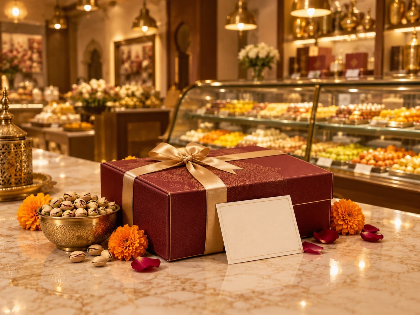 A Manoj Sweets gift box tied with a gold ribbon on the shop counter, with sweet display cases behind