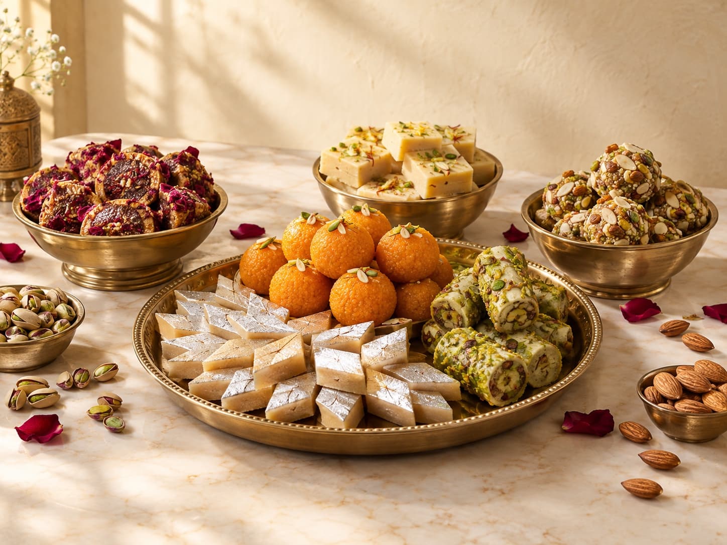 An assortment of Manoj Sweets mithai on brass thalis: kaju katli, motichoor laddoos, pista rolls, barfi and dry fruit sweets